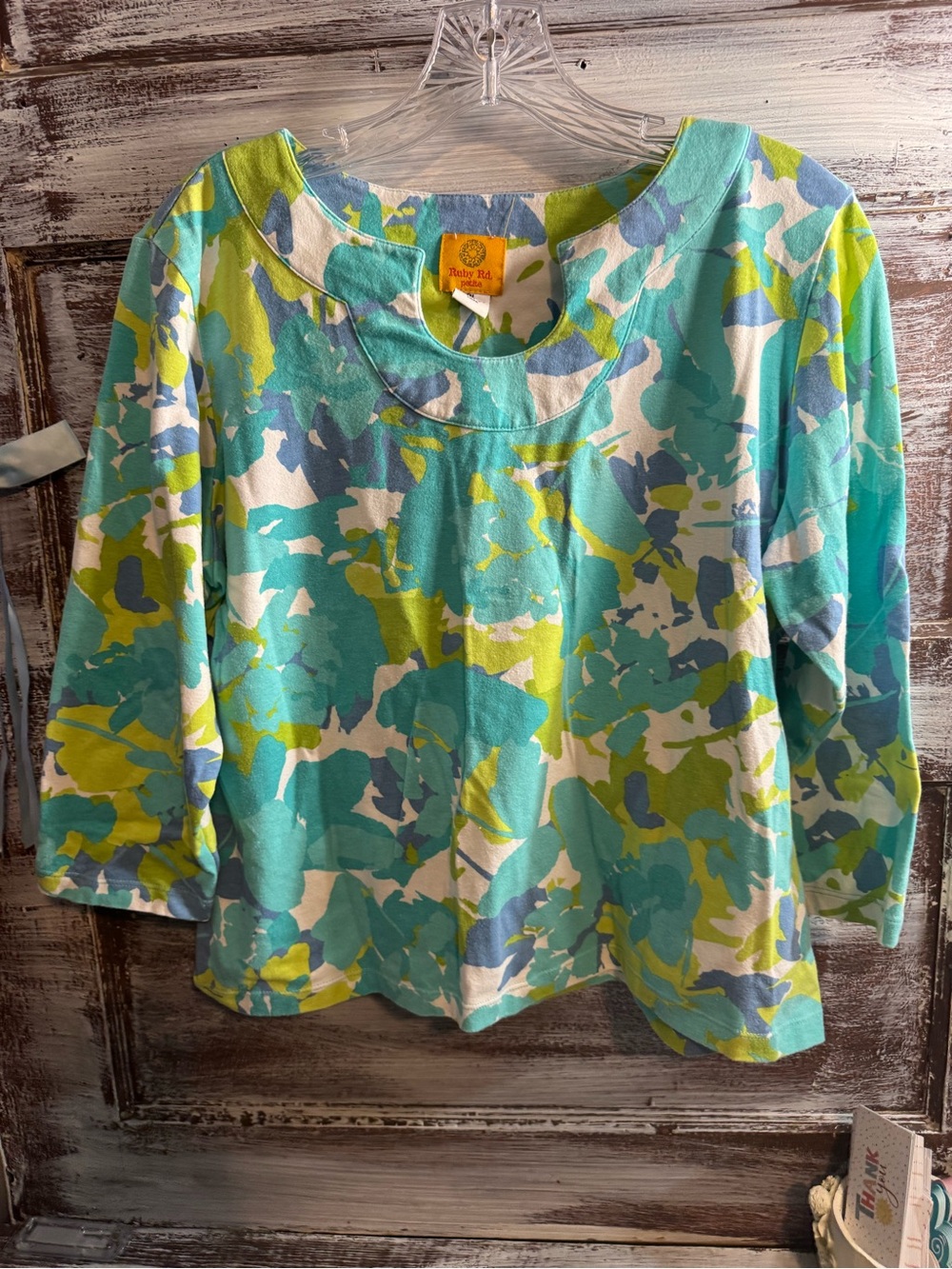 Ruby Rd. Turquoise, Lime & White Abstract Floral Top - Picture 2 of 4